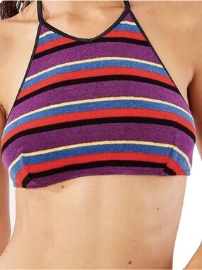 SOLID & STRIPED - Purple Multi-Stripe terry cloth High-Neck Bikini Top- M